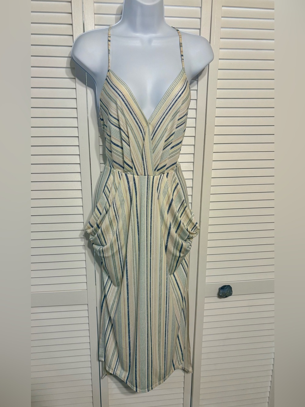 BCBGeneration Cream Midi Dress with Blue and Tan Stripes